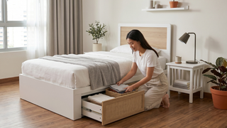 White storage bed in a bright Singapore bedroom with clean space-saving layout