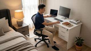 Man working at a white computer study table with monitor and laptop in a compact Singapore bedroom workspace