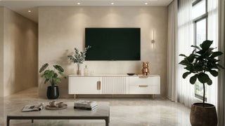 White TV console in a modern Singapore living room with wall-mounted TV, marble coffee table, plants, and soft natural light