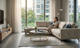 Modern Singapore living room with neutral sofa, TV console and large windows for a window AC buying guide.