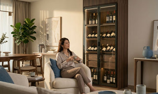 Woman relaxing in a Singapore living room beside a tall wooden wine cabinet with glass doors and warm lighting.