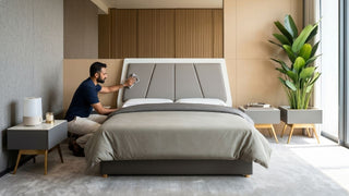 Man wiping a modern upholstered bed frame in a Singapore bedroom as part of simple humidity protection and regular care
