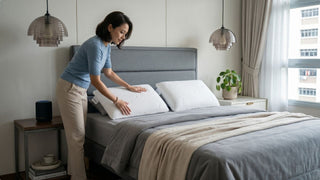 Woman adjusting standard pillows on a grey bed frame in a bright Singapore bedroom