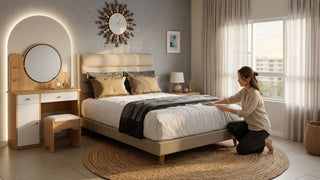 Woman arranging bedding in a warm transitional bedroom with vanity desk and neutral accents