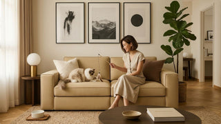 Woman playing with cat on a beige sofa in a pet-friendly Singapore living room with soft neutral decor