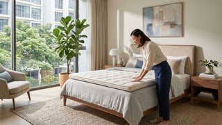 Woman checking a quilted mattress topper on a wooden bed frame in a bright Singapore condo bedroom.