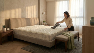 Woman cleaning a mattress with a bed vacuum cleaner in a cosy Singapore bedroom
