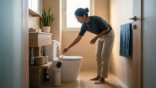 Woman cleaning a wall-hung toilet with a brush in a bright bathroom