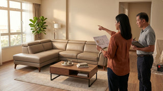 Woman discussing HDB renovation layout in a warm Singapore living room with leather sectional sofa, coffee table, and natural light