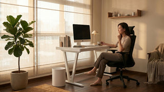 Woman sitting on ergonomic mesh office chair at a white desk in a cosy home office