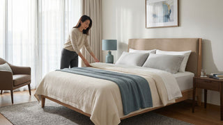 Woman fitting a mattress protector on a neatly styled bed in a bright Singapore bedroom.