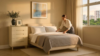Woman making a bed with white bedsheets and quilted cover in a cosy HDB-style bedroom