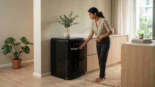 Woman opening a black mini fridge in a bright Singapore kitchen with light wood cabinets, indoor plants, and warm neutral styling