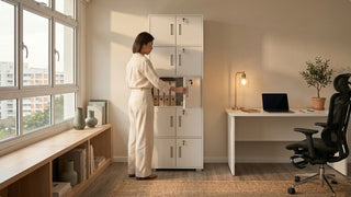 Woman opening a white office storage cabinet in a modern Singapore home office with desk, laptop, ergonomic chair, and warm light