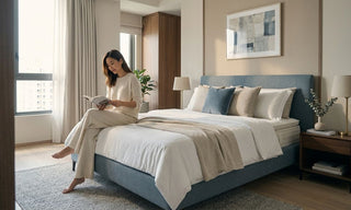 Woman reading on a neatly styled bed in a modern Singapore bedroom with soft blue upholstered bed frame.
