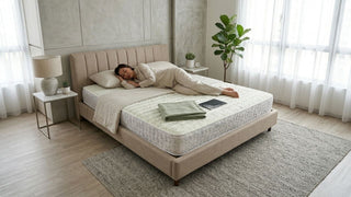 Woman side sleeping on a mattress in a bright Singapore bedroom with neutral styling