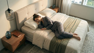 Woman sleeping on a contoured memory foam pillow in a cosy neutral bedroom