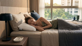 Woman sleeping on a latex pillow in a cosy Singapore bedroom with soft natural light