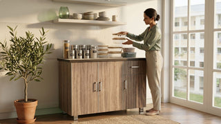 Woman stacking food storage containers beside pantry canisters on a wooden kitchen cabinet in a warm Singapore home