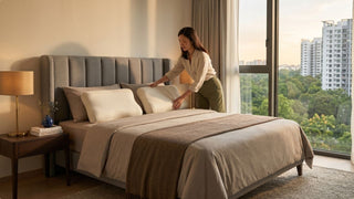 Woman styling foam pillows on a grey upholstered bed in a Singapore bedroom