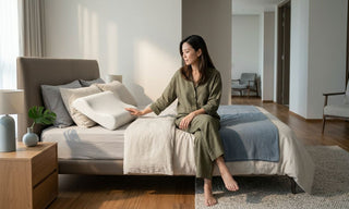 Woman testing a white contour memory foam pillow on a bed in a calm modern bedroom.