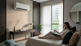 Woman using an aircon remote control in a cosy Singapore bedroom with wall-mounted air conditioner, soft curtains, and modern furniture