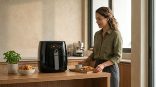 Woman using a black air fryer in a warm modern kitchen with breakfast pastries nearby