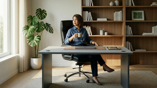 Woman sitting on a black leather office chair at a grey desk in a home office