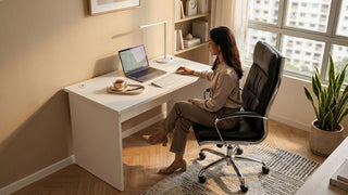 Woman working at a white desk with a black leather office chair in a compact HDB home office