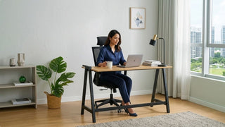 Woman using a slim study desk with laptop in a modern Singapore work-from-home space