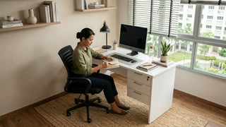 Woman using a white study desk with storage drawers in a bright 3-room HDB study