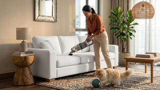 Woman vacuuming a living room rug with a portable vacuum cleaner near a cream sofa and cat