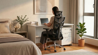 Woman working on a laptop at a white bedroom desk with ergonomic mesh chair, storage drawers, and warm natural light