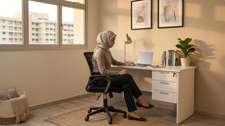 Woman working at a white study desk in a warm HDB home office