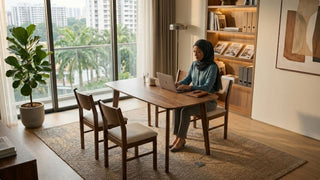 Woman working at a wooden dining table in a warm Singapore dining area with upholstered chairs, bookshelf, city view, and natural light