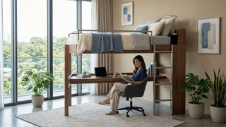 Wood and metal loft bed with study desk underneath in a bright Singapore condo bedroom