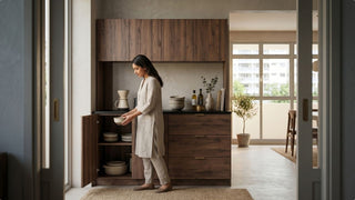 Woman placing bowls inside a wood kitchen cabinet in a warm HDB kitchen with practical ready-made storage