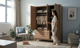 Wooden baby wardrobe with open doors in a calm Singapore nursery bedroom