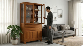 Man opening a wooden bar cabinet with glass doors in a modern Singapore living room with grey sofa and indoor plant