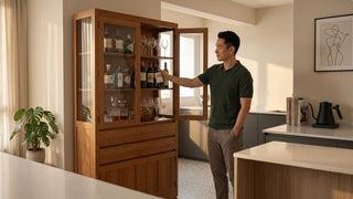 Man choosing a bottle from a wooden bar cabinet with glass doors in a modern Singapore kitchen