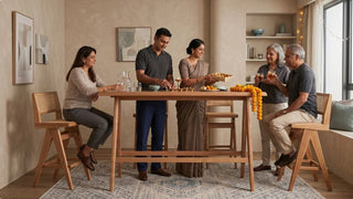 Family gathered around a wooden bar counter with rattan stools for Deepavali hosting in a Singapore home