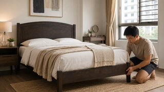 Wooden bed frame repair decision in a Singapore bedroom