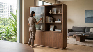 arranging books in a wooden bookcase with glass doors beside a bright Singapore living room window.