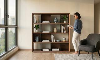 Wooden bookshelf in a bright 2-bedroom condo living room with books, plants, and reading chair.