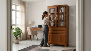 Woman arranging books in a wooden bookshelf with glass doors in a bright Singapore study room