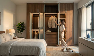 Wooden built-in wardrobe with open swing doors in a modern Singapore bedroom by Megafurniture