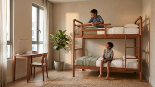 Wooden bunk bed with study table in a cosy Singapore kids room with two boys and natural light