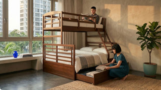 Wooden bunk bed with under-bed drawer storage in a compact condo bedroom with warm natural light