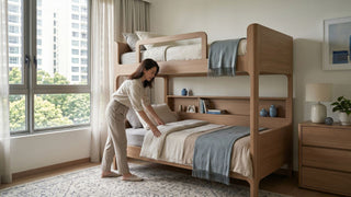 Woman arranging bedding on a wooden bunk bed with built-in shelving in a bright Singapore apartment bedroom.