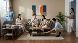 Guests gathered around a grey sofa and wooden coffee table in a Singapore living room